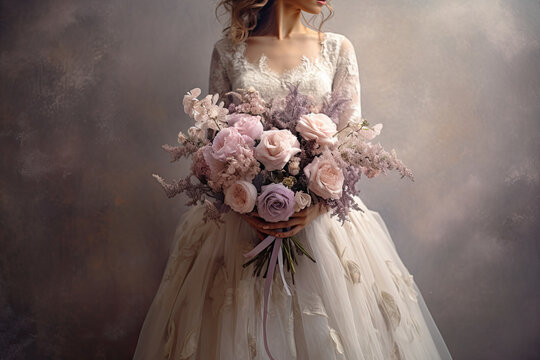 Mujer con vestido de novia de encaje y bouquet de rosas y flores malvas, blancas y rosas.  ilustracion de ia generativa