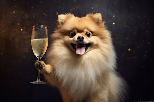 lindo perrito pomerania sobre fondo oscuro con copa de champan en su pata y pajarita, sobre fondo negro