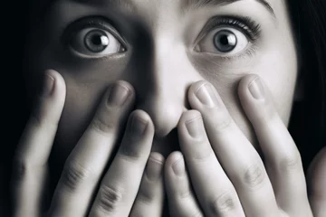 Fotobehang Monochrome black white afraid shocked scared woman cover face with hands astonished terrified girl covering mouth emotions horror portrait close up big eyes lady anxiety shock fear worried expression © Yuliia