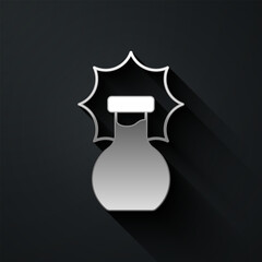 Silver Chemical experiment, explosion in the flask icon isolated on black background. Chemical explosion in a test tube. Long shadow style. Vector