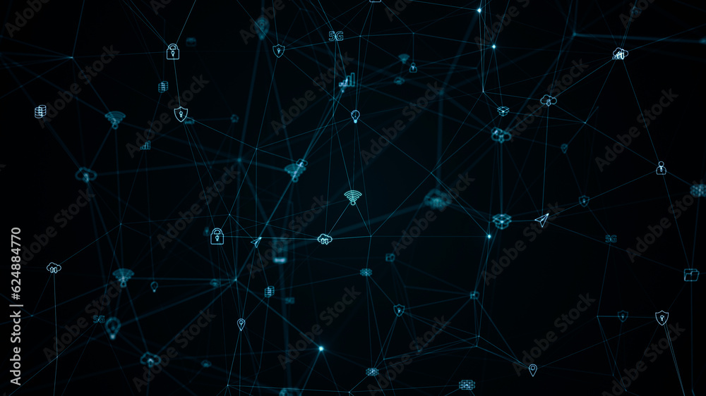 Wall mural blue digital ai technology icons linked on grid mesh and line connection rotation on futuristic abst