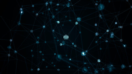 Blue digital ai icons linked on grid mesh and line connection rotation on futuristic abstract background technology artificial intelligence and ai assistant concept