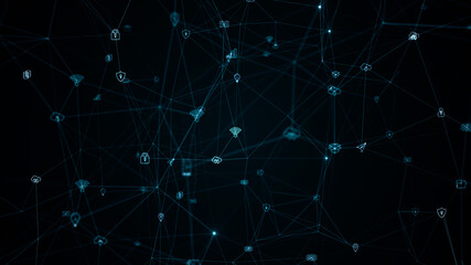 Blue digital ai technology icons linked on grid mesh and line connection rotation on futuristic abstract background