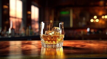 glass of whiskey with ice on a wooden table against tbackdrop bar pub background, aglass of expensive whiskey copy space