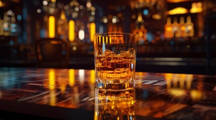 glass of whiskey with ice on a wooden table against tbackdrop bar pub background, aglass of expensive whiskey copy space