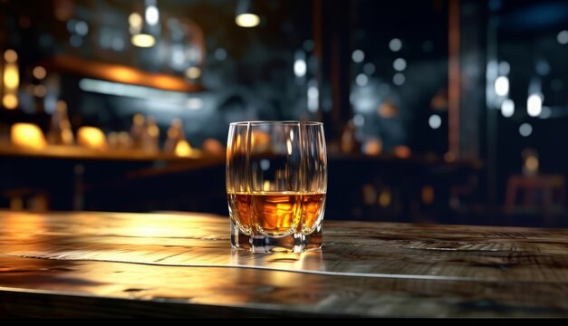 glass of whiskey with ice on a wooden table against tbackdrop bar pub background, aglass of expensive whiskey copy space