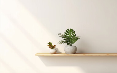 Wooden blank shelf with plant on white wall background