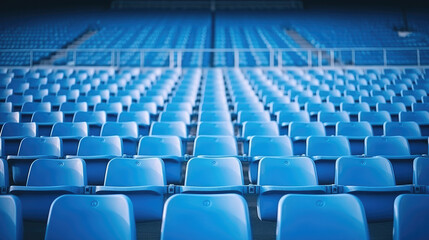 Blue tribunes. seats of tribune on sport stadium. empty outdoor arena. concept of fans. chairs for audience. cultural environment concept. color and symmetry. empty seats. modern stadium