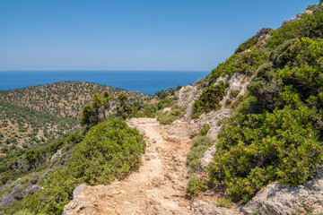Fototapeta na wymiar View of the hiking trail from Gouverneto Monastery to The Monastery Katholiko, Stavros, Akrotiri district of the city of Chania, Crete, Greece