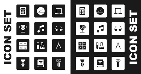 Set Laptop, Music note, tone, Award cup, Calculator, Glasses, Acute angle, Drawing compass and icon. Vector