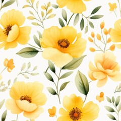 Yellow flowers watercolor seamless pattern, generative ai