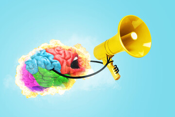 Creative fun smart brain explodes with fire, holds a yellow loudspeaker and screams on blue...