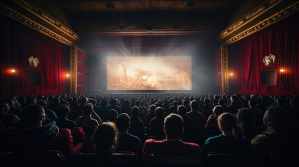 Fototapeta na wymiar Empty cinema screen with audience.