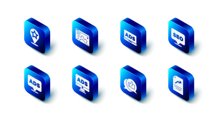 Set Browser setting, Advertising, SEO optimization, Document with graph chart, Customer product rating, and Map pointer star icon. Vector