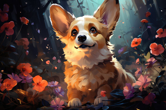 Cute Corgi Puppy In Magical Enchanted Dream Forest, Cute Colors With Flowers And Fungus, Cartoon Style, Background Wallpaper Image