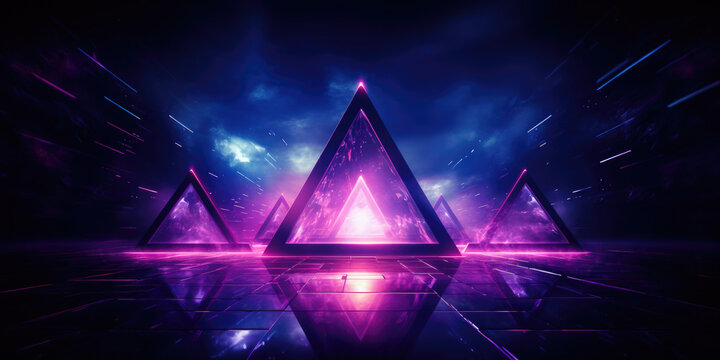 Abstrakter Leuchtende Pyramide oder Dreieck in neon mit Vapowave Synthwave Hintergrund in schwarz, lila und blauer Farbe