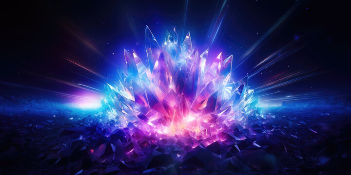 Abstrakter Leuchtender Neon Kristall Vapowave Synthwave Hintergrund in schwarz, lila und blauer Farbe