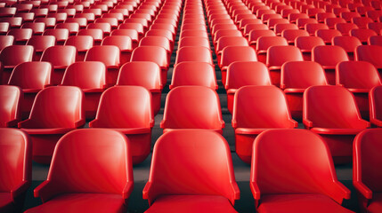 Fototapeta premium Red tribunes. seats of tribune on sport stadium. empty outdoor arena. concept of fans. chairs for audience. cultural environment concept. color and symmetry. empty seats. modern stadium