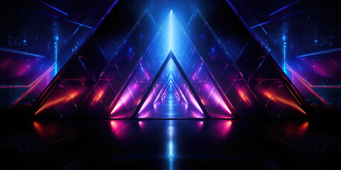 Abstrakter Leuchtender Neon Vaporwave Synthwave Hintergrund in schwarz, lila und blauer Farbe. Geometrische Figuren Dreieck bzw. Pyramide