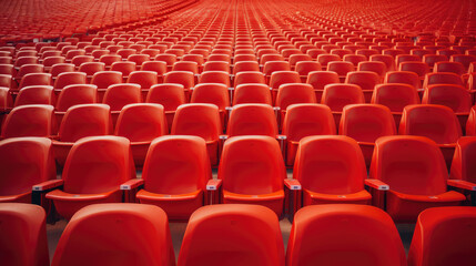 Fototapeta premium Red tribunes. seats of tribune on sport stadium. empty outdoor arena. concept of fans. chairs for audience. cultural environment concept. color and symmetry. empty seats. modern stadium
