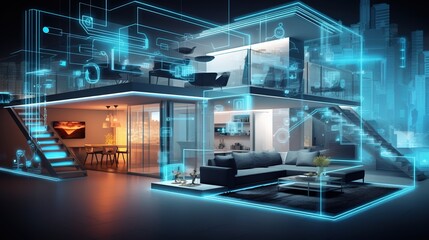 Modern Living Room with Neon light and Smart Connected Devices - Generative ai
