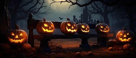 Haunted Jack O' Lanterns on a Bench Illuminate Spooky Forest - Generative ai