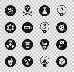 Set Carton cardboard box, Temperature wash, Bomb explosion, Test tube and flask, Battery, QR code and Industrial hook icon. Vector