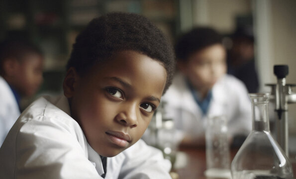 Generative AI image of portrait of confident black kid looking at camera while sitting with classmates in blurred classroom with lab equipment