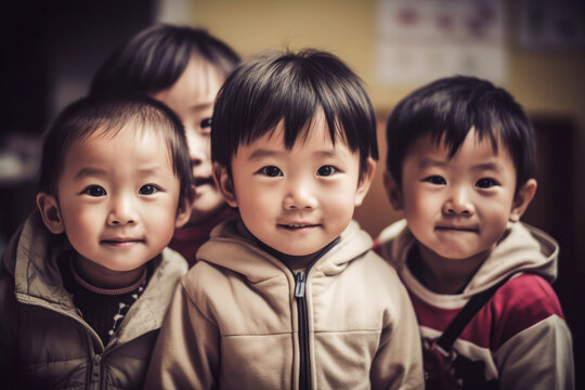 Generative AI image of cute Asian kids standing in classroom in school looking at camera against blurred background
