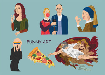 cartoon famous paintings in vector. Mona Lisa shows a peace sign. American Gothic in the Modern World. Gallery of works of art. masterpieces of world art. characters from pictures. 