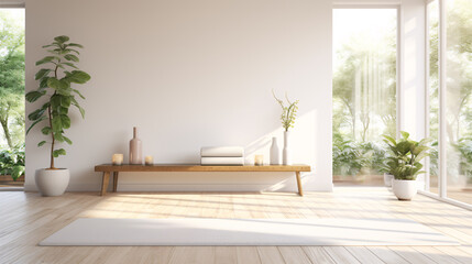 Unrolled white yoga mat on wooden floor in modern fitness center or at home with big windows and white walls, comfortable space for doing sport exercises, meditating.