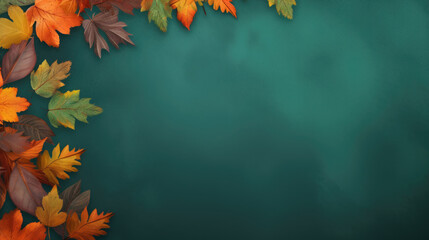 Orange autumnal leaves border on green background with space for text.
