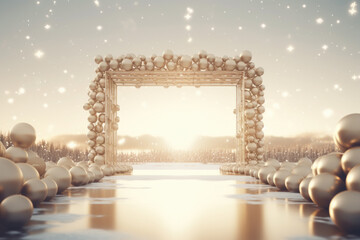 Magic gate with balloons in pastel colors. Space for text. - obrazy, fototapety, plakaty