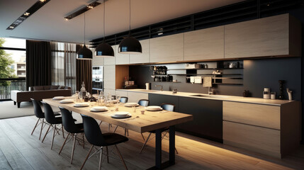 Stylish apartment interior with modern kitchen. Idea for home design