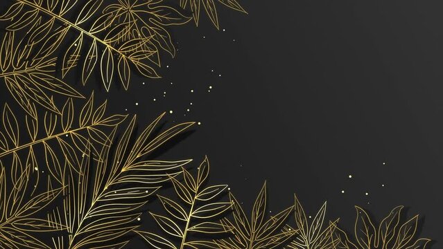 Gold tropical leaves against dark background on a seamless loop