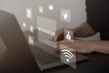 Business concept of benchmark, Business person team working on laptop computer with bench marking icon on virtual screen, Business, Technology, Internet and network.