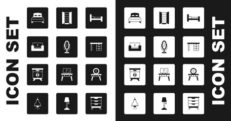 Set Bed, Mirror, Armchair, Big bed, Office desk, Wardrobe, Dressing table and Furniture nightstand icon. Vector