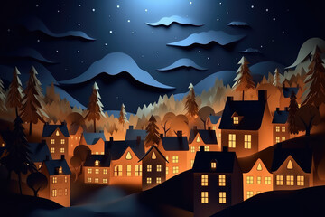 Children's wallpaper good night, sweet dreams concept art. Paper town, 3d night country landscape with starry sky and cozy toy houses.