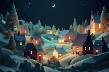 Children's wallpaper good night, sweet dreams concept art. Paper town, 3d night country landscape with starry sky and cozy toy houses.