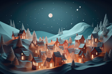 Children's wallpaper good night, sweet dreams concept art. Paper town, 3d night country landscape with starry sky and cozy toy houses.