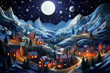 Fototapeta na wymiar Children's wallpaper good night, sweet dreams concept art. Paper town, 3d night country landscape with starry sky and cozy toy houses.