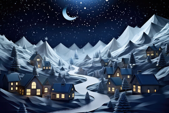 Children's Wallpaper Good Night, Sweet Dreams Concept Art. Paper Town, 3d Night Country Landscape With Starry Sky And Cozy Toy Houses.