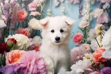 Fototapeta na wymiar Cute white puppy dog in colorful flowers. Creative pastel spring scene with animal pet. Daily scene on bright blue background. Love and romantic composition. Illustration, Generative AI.