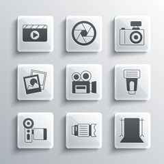 Set Camera photo lens, Empty studio, Photo camera flash, Retro cinema, Cinema, frame, Movie clapper and icon. Vector