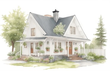 Traditional wooden Norwegian house in watercolor style generated ai
