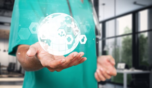 Hands of a doctor, healthcare hologram in hospital clinic.