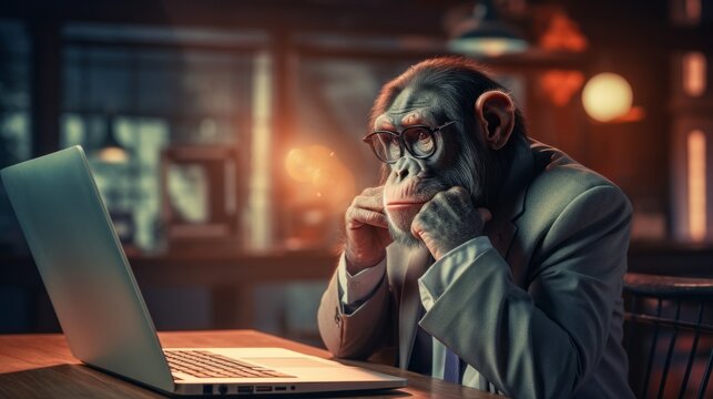 Professional gentleman monkey in business suit sitting in front of a desk with a laptop and have business event in office. Online creative concept. Illustration, Generative AI.