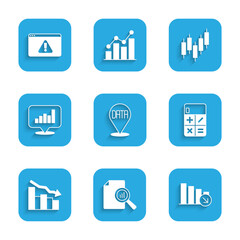 Set Data analysis, Document with graph chart, Financial growth decrease, Calculator, Pie infographic, Browser stocks market and exclamation icon. Vector