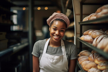 Generative AI illustration of Beautiful black woman working in a bakery oven