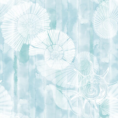 Sea art background. Seamless vector pattern with  seashells on striped blue watercolor background. Perfect for wallpaper, wrapping, fabric and textile.